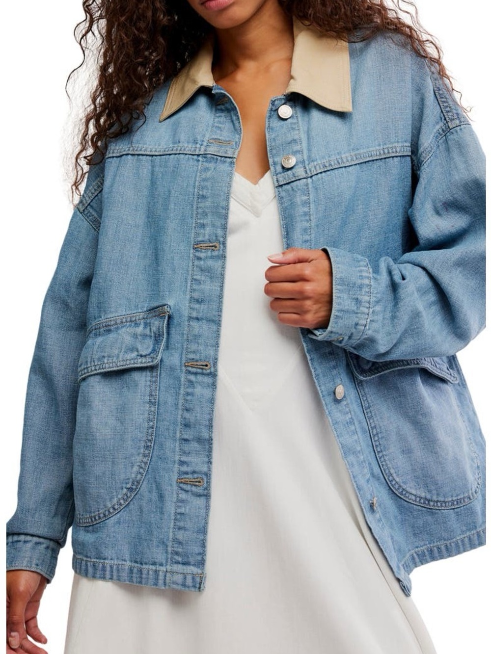 Free People Light Blue Denim Jacket with Tan Collar - Picture 2 of 5